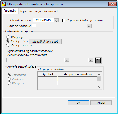 Zakładka Parametry raportu Niepełnosprawni Zakładka Parametry raportu Niepełnosprawni