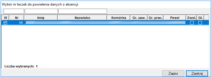 Okno wyboru teczek do powielenia absencji