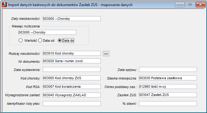 Okno Import danych kadrowych do dokumentów Zasiłek ZUS – mapowanie danych Okno Import danych kadrowych do dokumentów Zasiłek ZUS – mapowanie danych