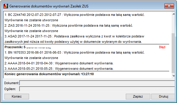 Okno z informacją o wyniku operacji tworzenia wyrównania zasiłków