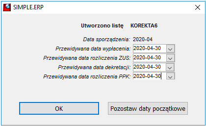 Informacja o inicjalnych datach listy korekta