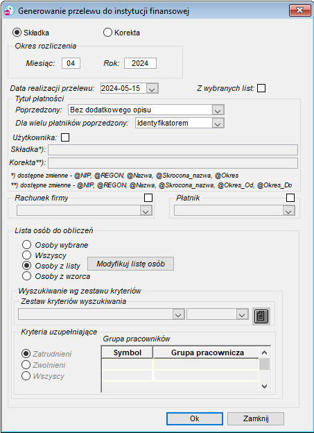 Okno generowania przelewu składek PPK Okno generowania przelewu składek PPK
