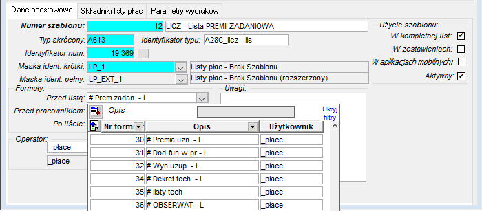 Okno Szablony list płac - wybór formuły przed listą