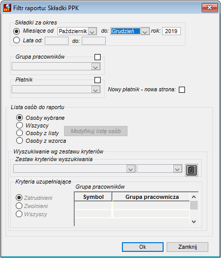 Okno uruchomienia raportów ze składkami na PPK Okno uruchomienia raportów ze składkami na PPK