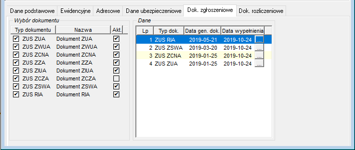 Okno Obsługa danych ubezpieczeniowych->Dok. zgłoszeniowe