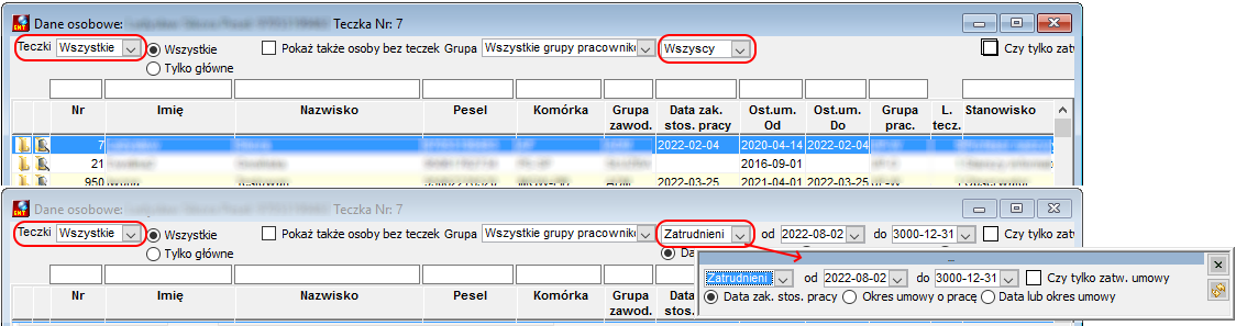 Okno Dane osobowe - widok górnej części okna->teczki wszystkie