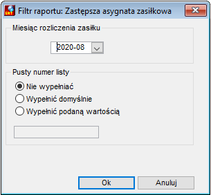 Okno filtrowania dla raportu Zastępcza asygnata zasiłkowa Z-7 Okno filtrowania dla raportu Zastępcza asygnata zasiłkowa Z-7