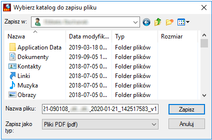 Okno wyboru katalogu do zapisu do pliku PDF pełnego raportu PIT Okno wyboru katalogu do zapisu do pliku PDF pełnego raportu PIT