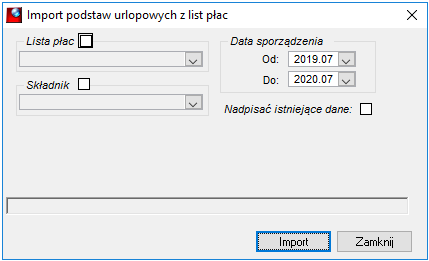 Okno importu podstaw urlopowych z list płac