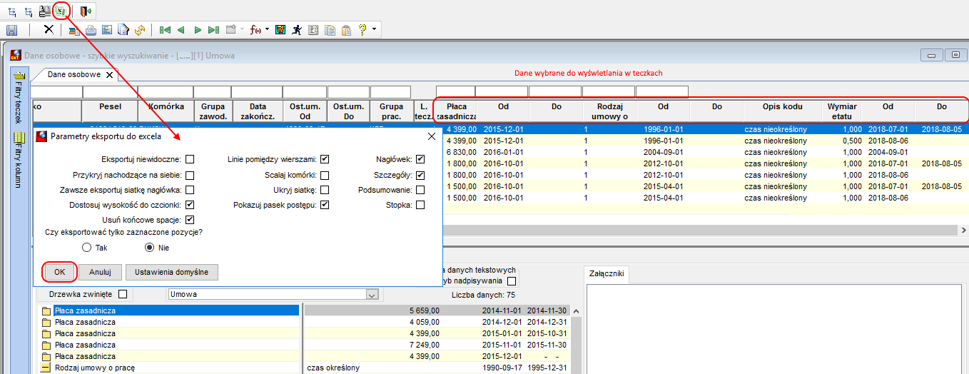 Fragment okna Dane osobowe – szybkie wyszukiwanie->zakładka Dane osobowe – tworzenie arkusza excel