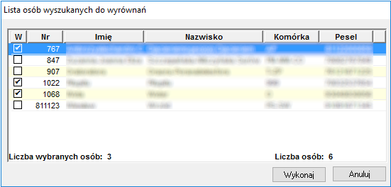 Okno z listą osób do wyrównań