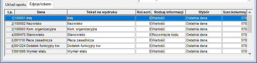 Fragment okna Edycja szybkich raportów->Edycja kolumn