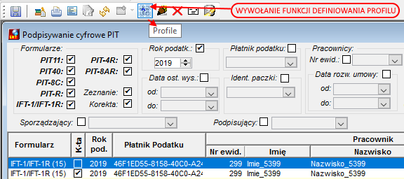 Widok fragmentu okna Podpisywanie cyfrowe PIT - wywołanie funkcji definiowania profilu