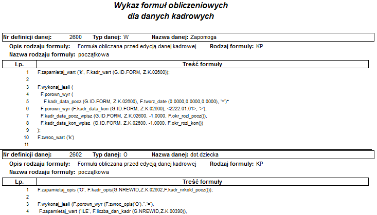 Fragment raportu Wykaz formuł obliczeniowych dla danych kadrowych Fragment raportu Wykaz formuł obliczeniowych dla danych kadrowych