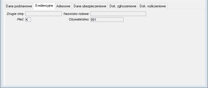 Okno Obsługa danych ubezpieczeniowych->Ewidencyjne