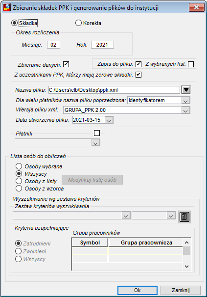 Okno generowania pliku ze składkami uczestników PPK