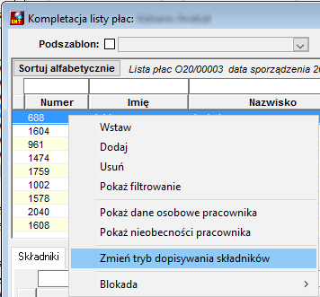 Fragment okna kompletacji listy płac – wywołanie polecenia zmiany trybu dopisywania składników