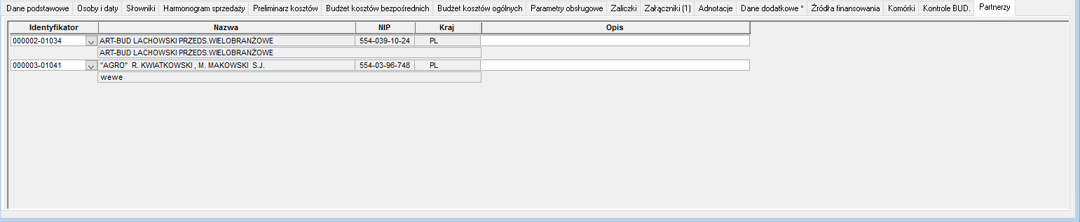 Projekty/Kontrakty – zakładka Partnerzy