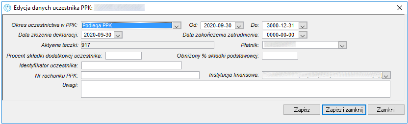 Okno dodawania i edycji danych uczestnika PPK