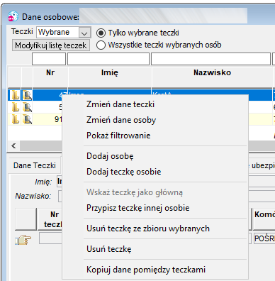 Fragment okna Dane osobowe - polecenia dostępne pod prawym przyciskiem myszy