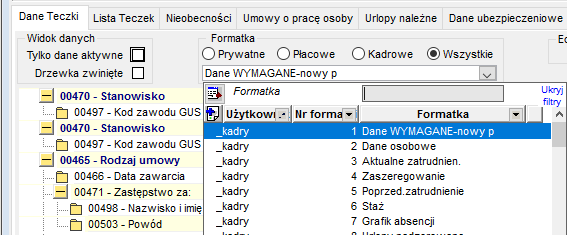 Widok formatek z numerami danych kadrowych, dla których mogą być zdefiniowane skrypty&nbsp;
