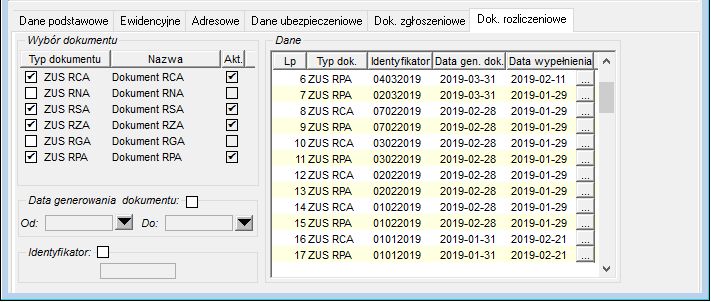 Okno Obsługa danych ubezpieczeniowych->Dok. rozliczeniowe