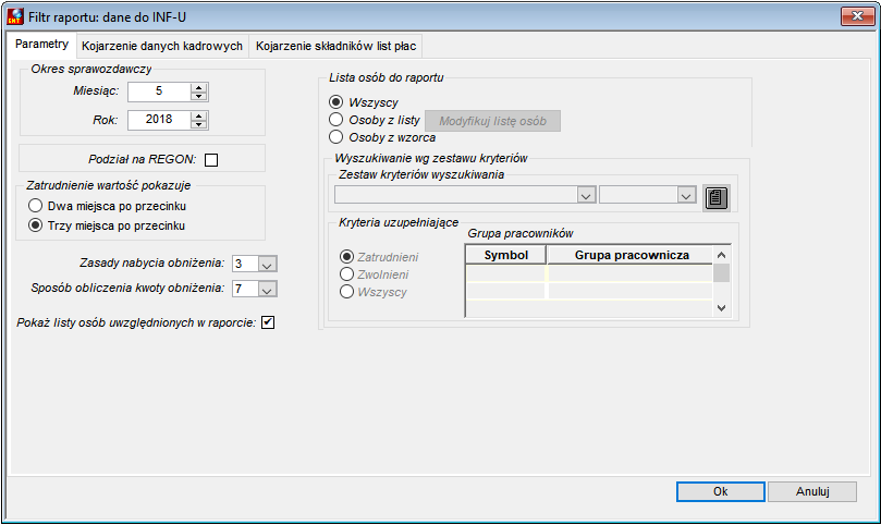 Filtr uruchomienia raportu Dane do informacji INF-U - zakładka Parametry Filtr uruchomienia raportu Dane do informacji INF-U - zakładka Parametry