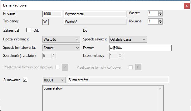 Okno Właściwości elementu raportu->Dana kadrowa