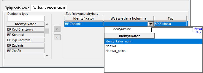 Fragment okna Definicja struktury danych - dodawanie atrybutów z repozytorium