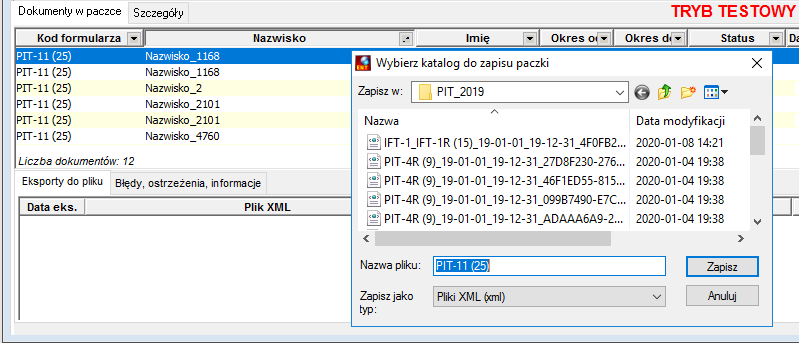 Widok fragmentu okna Emisja dokumentów elektronicznych Zakładka Dokumenty w paczce – wybór katalogu do zapisu dokumentów w plikach XML