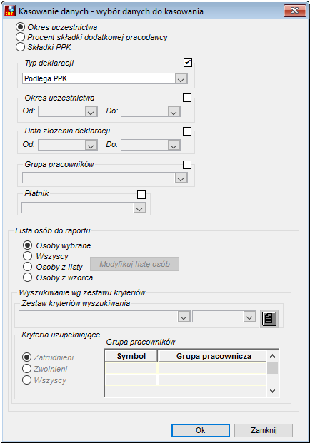Okno kasowania danych PPK Okno kasowania danych PPK