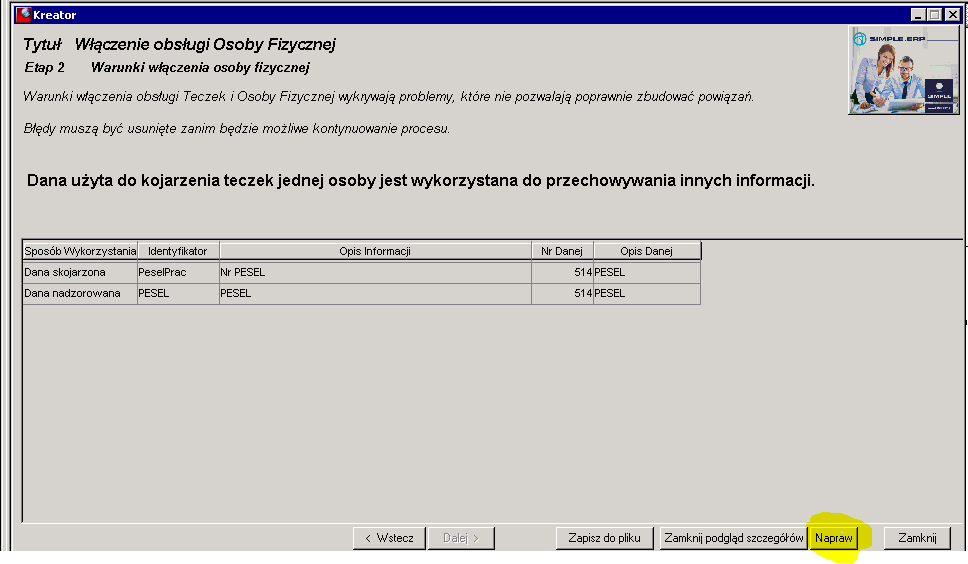 Okno kreatora - informacja o użyciu do grupowania teczek danej, która ma inne znaczenie merytoryczne