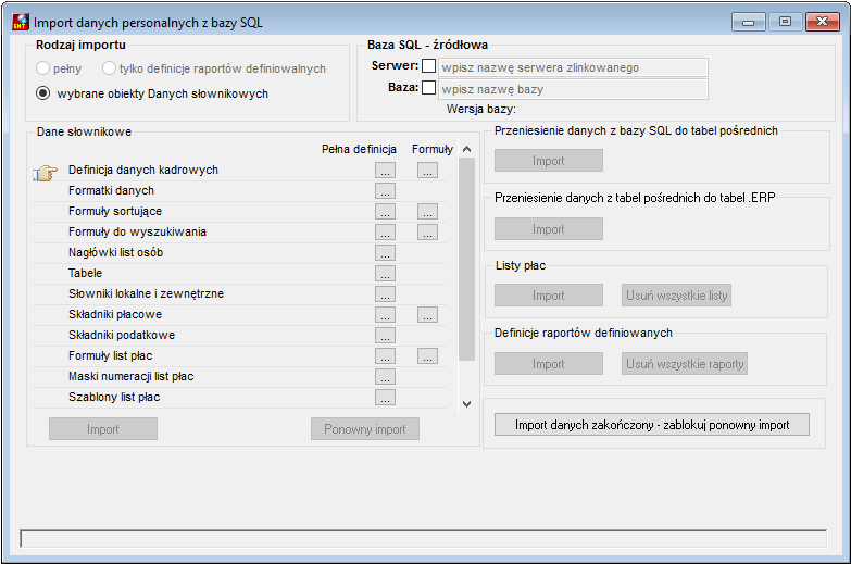 Okno Import danych personalnych z bazy SQL