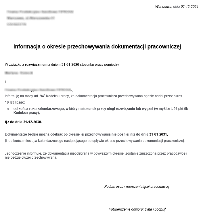 Przykładowy raport Informacja o okresie przechowywania dokumentacji