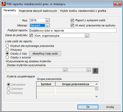 Parametry uruchomienia raportu Nieobecności pracowników w miesiącu w podziale na daną kadrową
