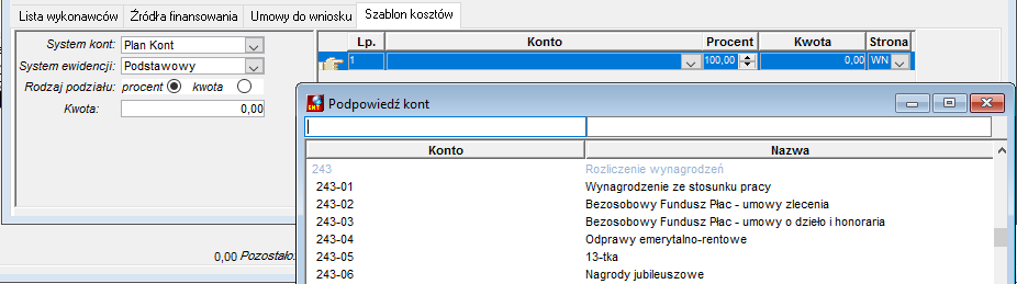 Dodawanie szablonu kosztów do Wniosku o umowę
