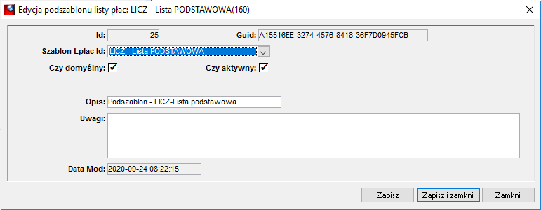 Okno edycji podszablonu listy płac