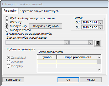 Zakładka Parametry raportu Wykaz stanowisk pracy w szczególnych warunkach lub o szczególnym charakterze