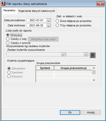 Zakładka Parametry raportu Stany zatrudnienia, w tym grupy niepełnosprawności (Art. 21 ust. 5 Ustawy) Zakładka Parametry raportu Stany zatrudnienia, w tym grupy niepełnosprawności (Art. 21 ust. 5 Ustawy)