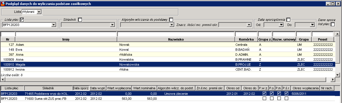 Podstawa wypadkowa i suma składek – poz. 2 z kolektora roboczego