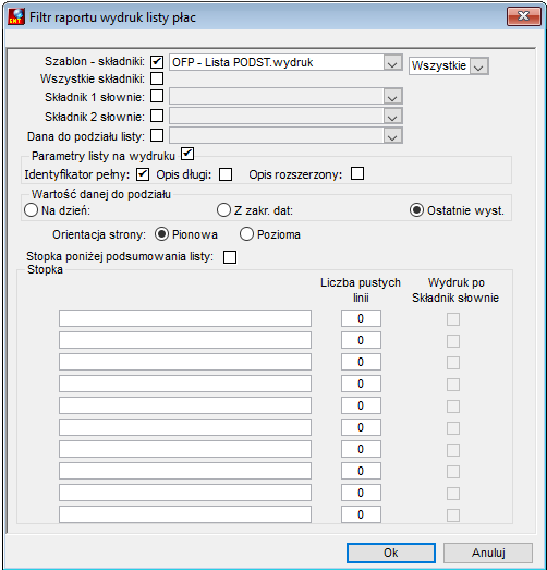 Parametry wydruku listy płac Paski pionowe – podstawowy Parametry wydruku listy płac Paski pionowe – podstawowy