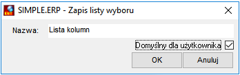Okienko zapisu listy wybranych kolumn