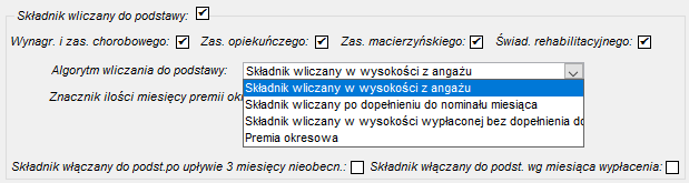 Edycja składników płacowych w trybie nadzorowanym->Obsługa ZUS – wybór algorytmu wliczania składnika do podstawy zasiłkowej