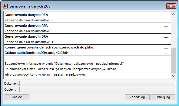 Widok okna z informacją o generowaniu danych do ZUS Widok okna z informacją o generowaniu danych do ZUS
