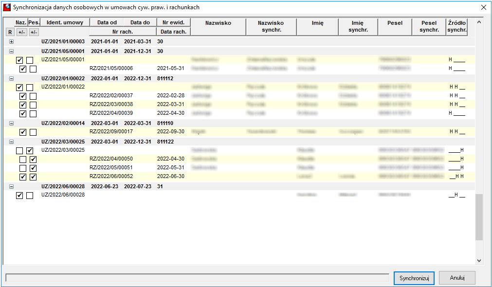 Okno Synchronizacja danych osobowych w umowach zlecenia/o dzieło i w rachunkach