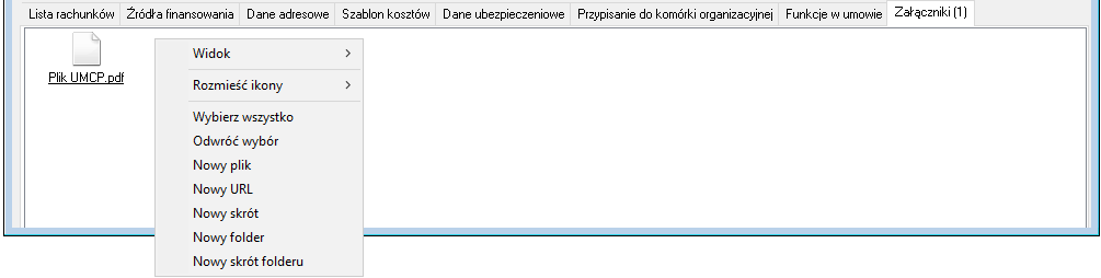 Fragment okna Umowa zlecenia/o dzieło – wykonawca–>Załączniki z listą dostępnych poleceń