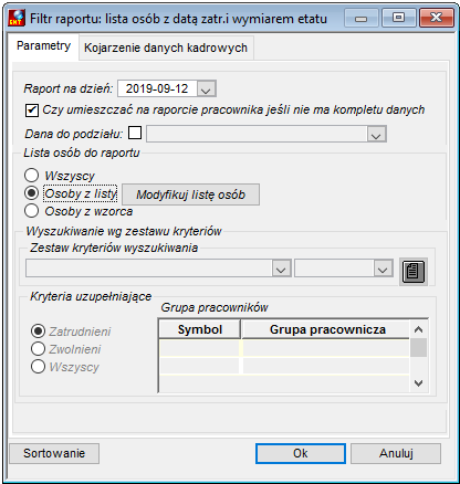 Zakładka Parametry raportu Lista osób z datą zatrudnienia i wymiarem etatu