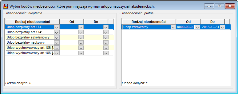 Okno wyboru kodów nieobecności pomniejszających urlop wypoczynkowy nauczycieli akademickich Okno wyboru kodów nieobecności pomniejszających urlop wypoczynkowy nauczycieli akademickich