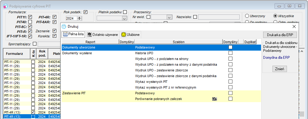 Wykaz raportów z okien Podpisywanie cyfrowe i Wysyłka PIT na portal MF