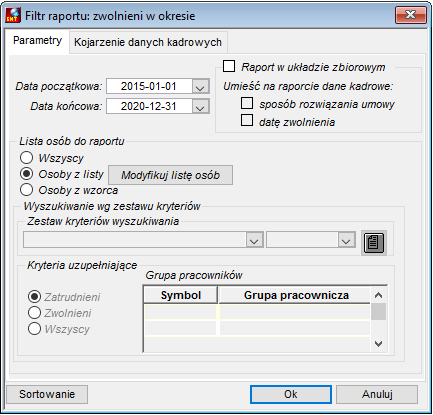 Zakładka Parametry raportu Zwolnieni w okresie